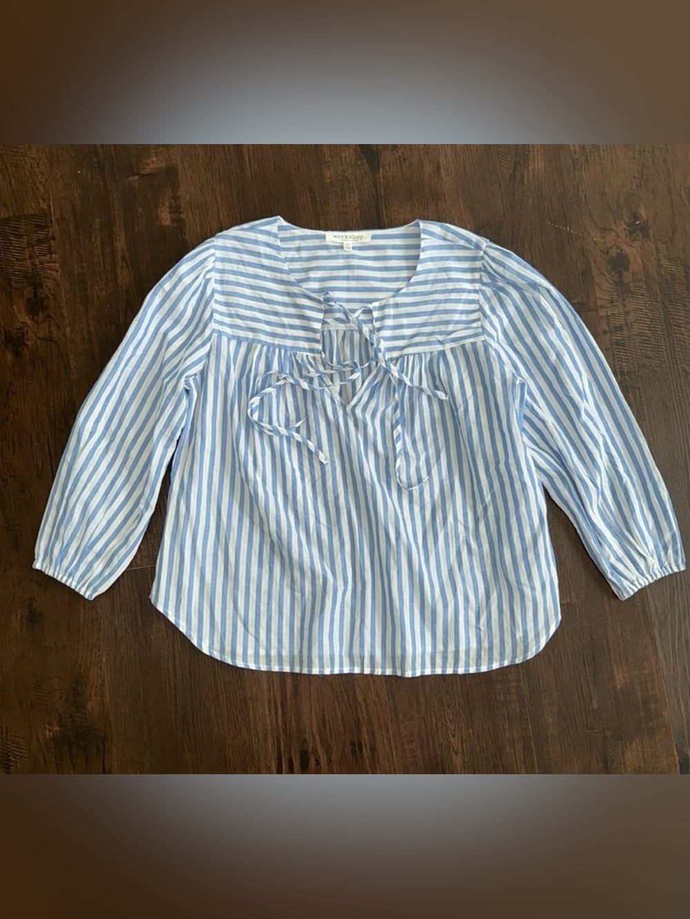 WORKSHOP REPUBLIC CLOTHING PEASANT TOP COTTON BLOUSE TIE FRONT BLUE STRIPES MED